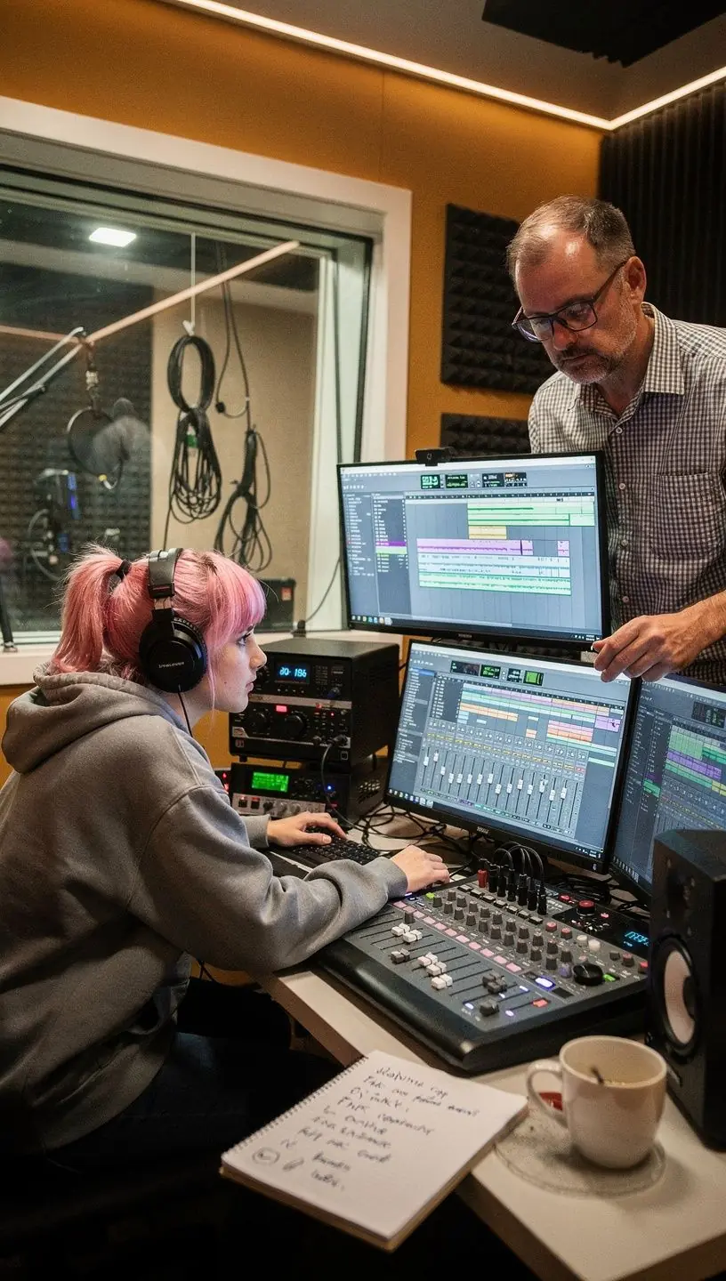 Zvukový inženýr upravuje audio záznam během natáčení.