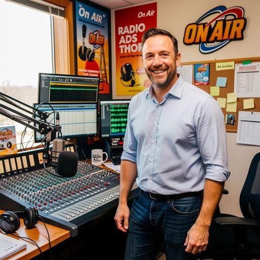 Zvukový pult s technikou pro úpravu a mixování audio reklamních spotů.